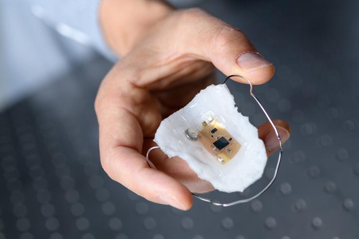 The intraoral electronics with a sodium sensor is based on a breathable elastomeric membrane that resembles a dental retainer. The ultrathin device is flexible and stretchable, and can wirelessly transmit data up to 10 meters. (Credit: Rob Felt, Georgia Tech).