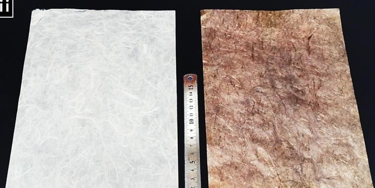 <p>Images show the difference between paper prior to metallization (left) and the paper coated with conductive nanoparticles. (Credit: Ko et al., published in Nature Communications)</p>