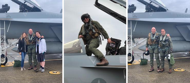 Left: David Picinich (center) with his fiancé and son in 2019. Center: David Picinich pictured in 2019 taking one last flight in an EA-18G Growler before retiring from the Navy. Right: David Picinich (left) stands with Brian Arena, the former commanding officer of the U.S. Navy's Electronic Attack Squadron 209, in front of an EA-18G Growler at Naval Air Station Whidbey Island in 2019. Photo credit: David Picinich.