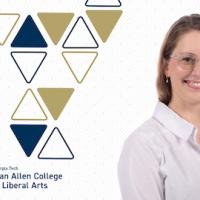 a photo of Associate Professor Amanda Weiss against a Georgia Tech geometric background